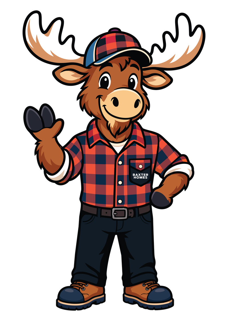 Baxter Homes moose mascot in a plaid shirt waving